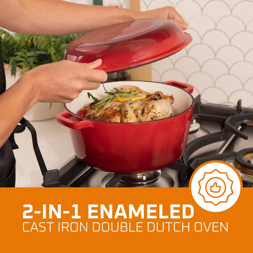 2-In-1 Pre-Seasoned Cast Iron Dutch Oven with Skillet Lid - 5 Qt round Cast Iron Pot for Bread, Casserole, Braising - Heavy Duty Enamel Cookware Set, Double Dutch Oven - 13.5 X 7-Inch, Black