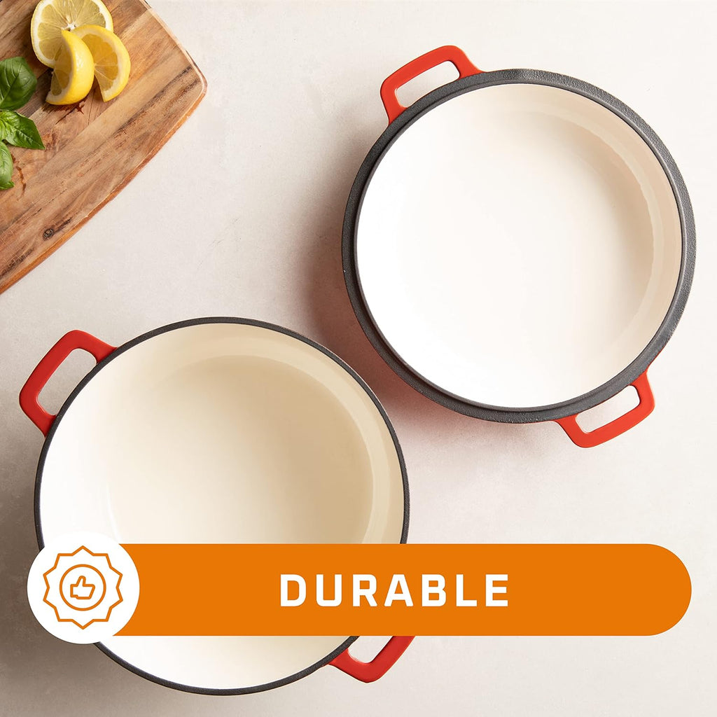 2-In-1 Pre-Seasoned Cast Iron Dutch Oven with Skillet Lid - 5 Qt round Cast Iron Pot for Bread, Casserole, Braising - Heavy Duty Enamel Cookware Set, Double Dutch Oven - 13.5 X 7-Inch, Black